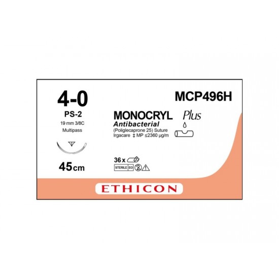 Monocryl Plus MCP496H Suture 4-0 Undyed 45cm, 19mm 3/8 Circle Reverse Cutting PRIME Needle (Box of 36) (Formerly W3206, MPY496H, MPY501H, MPY494H)