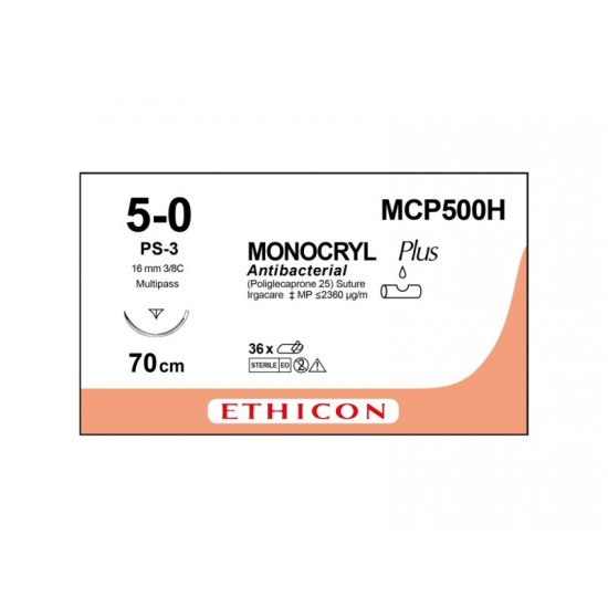 Monocryl MCP500H Suture 5-0 Undyed 70cm, 16mm 3/8 Circle Reverse Cutting Prime Needle (Box of 36) (Formerly MPY500H, W3204)