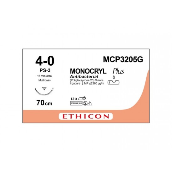 Monocryl Plus MCP3205G Antibacterial Suture 4-0 Undyed 70cm, 16mm 3/8 Circle Reverse Cutting MultiPass Needle (Box of 12) (Formerly W3205)